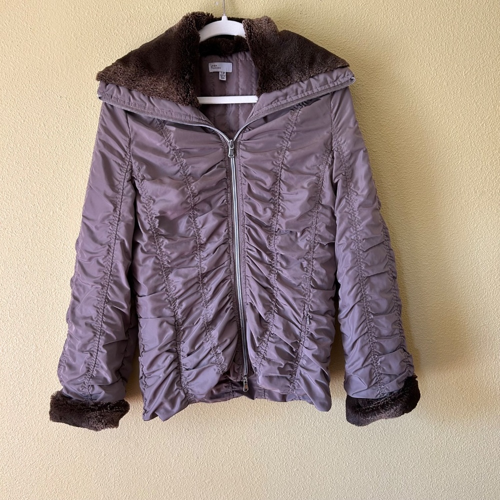 Linea Domani Ruched Zip Up Jacket Women's Brown/Grey Faux Fur Size Small